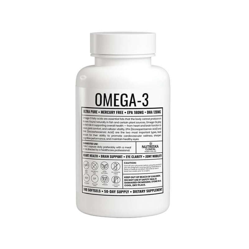 Omega-3 supplement bottle with label on a white background from Nutreska Labs 