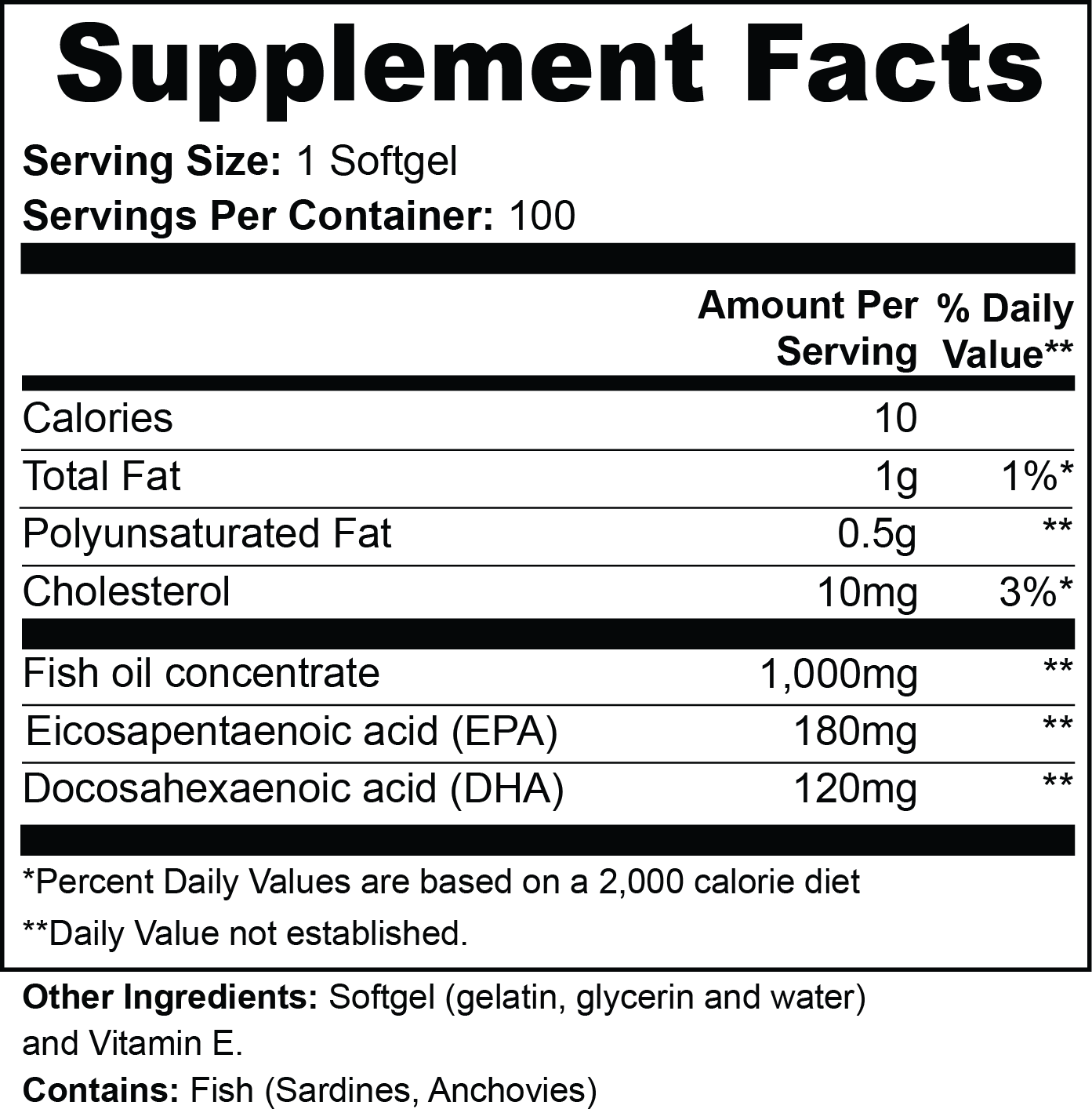 Nutreska Omega-3 supplement facts panel showing EPA/DHA dosage for cardiovascular, brain, and skin health support