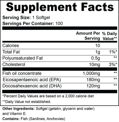 Nutreska Omega-3 supplement facts panel showing EPA/DHA dosage for cardiovascular, brain, and skin health support
