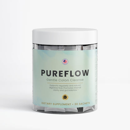 Nutreska Pureflow™ colon cleanse sachet system for bloating relief, gut reset, and natural detox support; formulated for gentle but effective digestive clearing. PureFlow Gentle Colon Cleanse bottle front view – natural detox supplement for digestive health, bloating relief, and gut regularity support