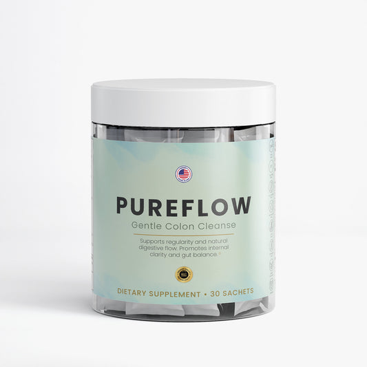 Nutreska Pureflow™ colon cleanse sachet system for bloating relief, gut reset, and natural detox support; formulated for gentle but effective digestive clearing. PureFlow Gentle Colon Cleanse bottle front view – natural detox supplement for digestive health, bloating relief, and gut regularity support