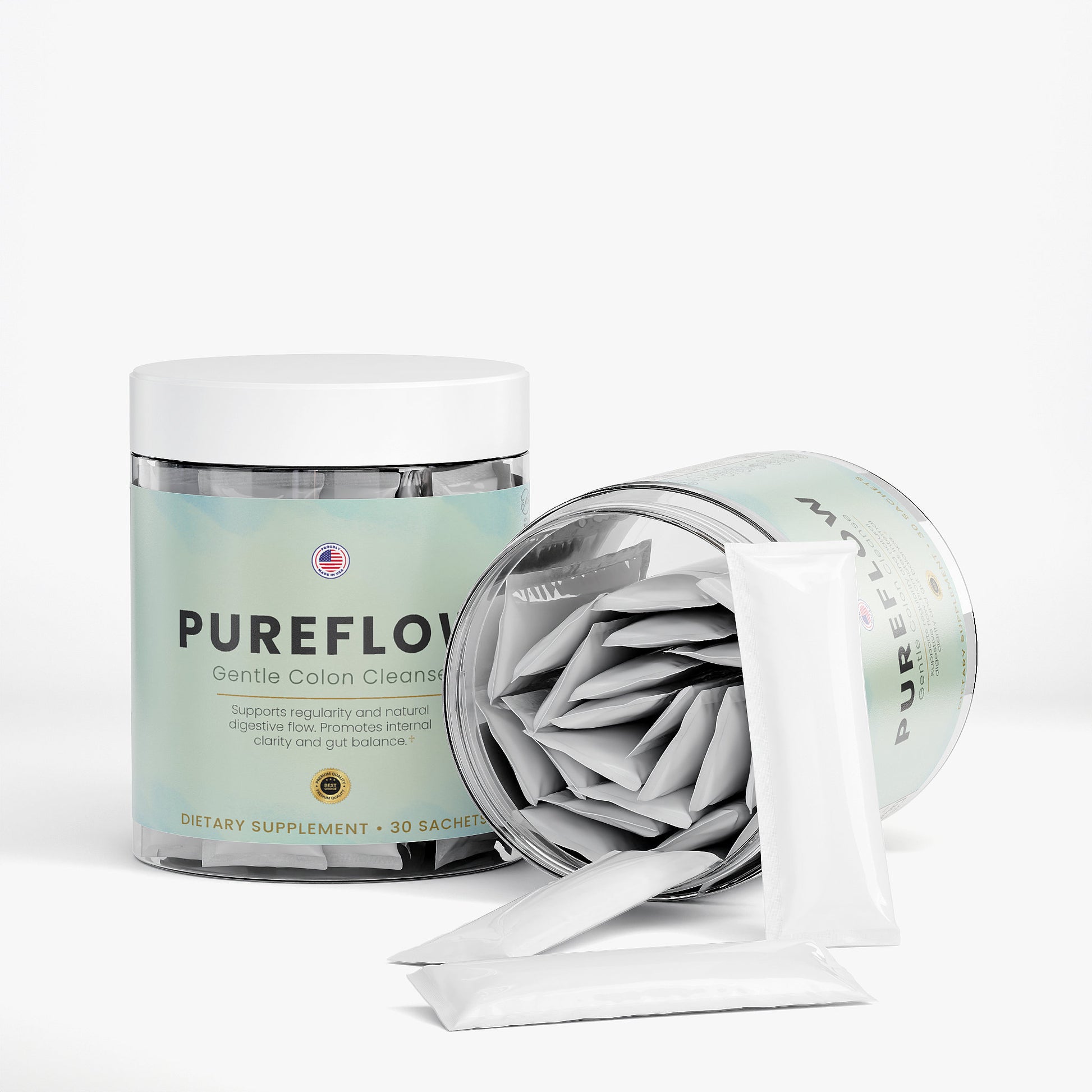 Sachet image of Nutreska Pureflow™ cleanse with fiber and herbal blend; promotes healthy bowel movements, reduced gas, and digestive reset. Open PureFlow Colon Cleanse bottle with sachets displayed – daily fiber-based colon detox formula for smoother digestion and gentle cleansing