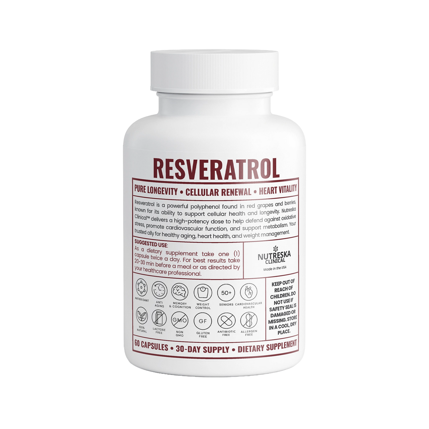 Low profit margin, consumer value premium resveratrol capsules with by Nutreska Clinical for brand awareness. 