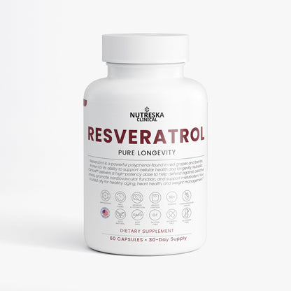 Nutreska Resveratrol capsules for cellular health, cardiovascular support, and anti-aging benefits; sourced from red grapes and berries for powerful antioxidant protection
