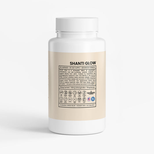 Nutreska Shanti Glow™ adaptogen and anti-stress blend for inner glow, emotional balance, and hormone health; supports mood and stress relief naturally