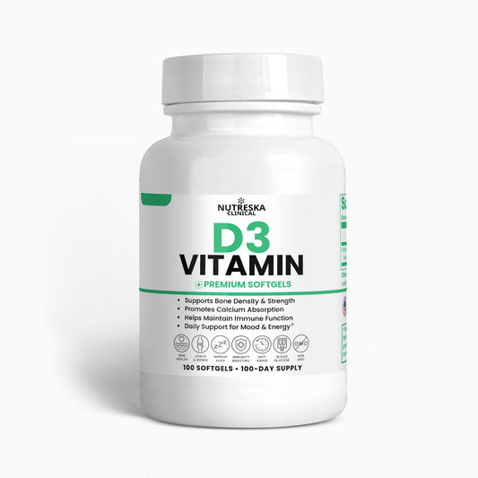 Nutreska Vitamin D3 softgels to support calcium absorption, immune function, bone density, and mood regulation; ideal for adults, seniors, and indoor workers