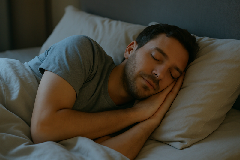 Real person peacefully sleeping in bed. 